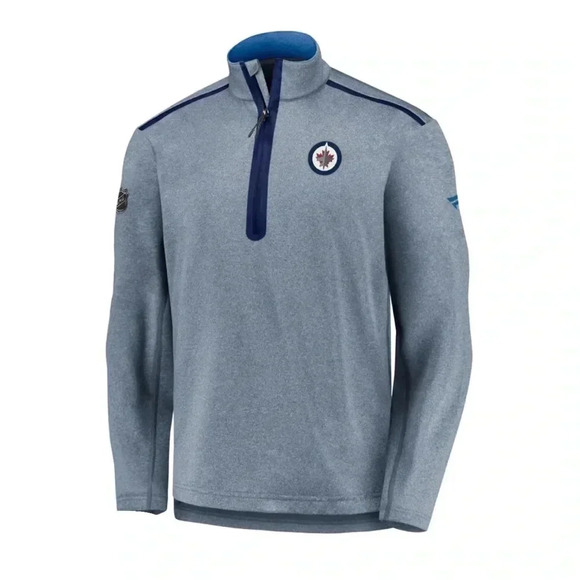 Size L Men's Fanatics Heathered Navy Winnipeg Jets Quarter-Zip Jacket - Picture 2 of 7